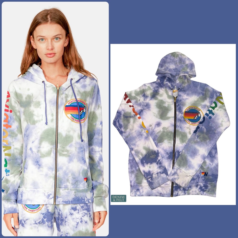 Aviator Nation Hamptons Tie Dye Full Zip Hoodie Rainbow Logo Cloud Purple Blue